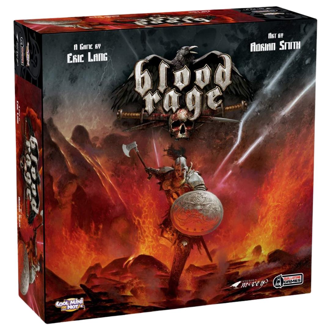 Blood Rage board game box with Viking miniatures, cards, and province board displayed on table
