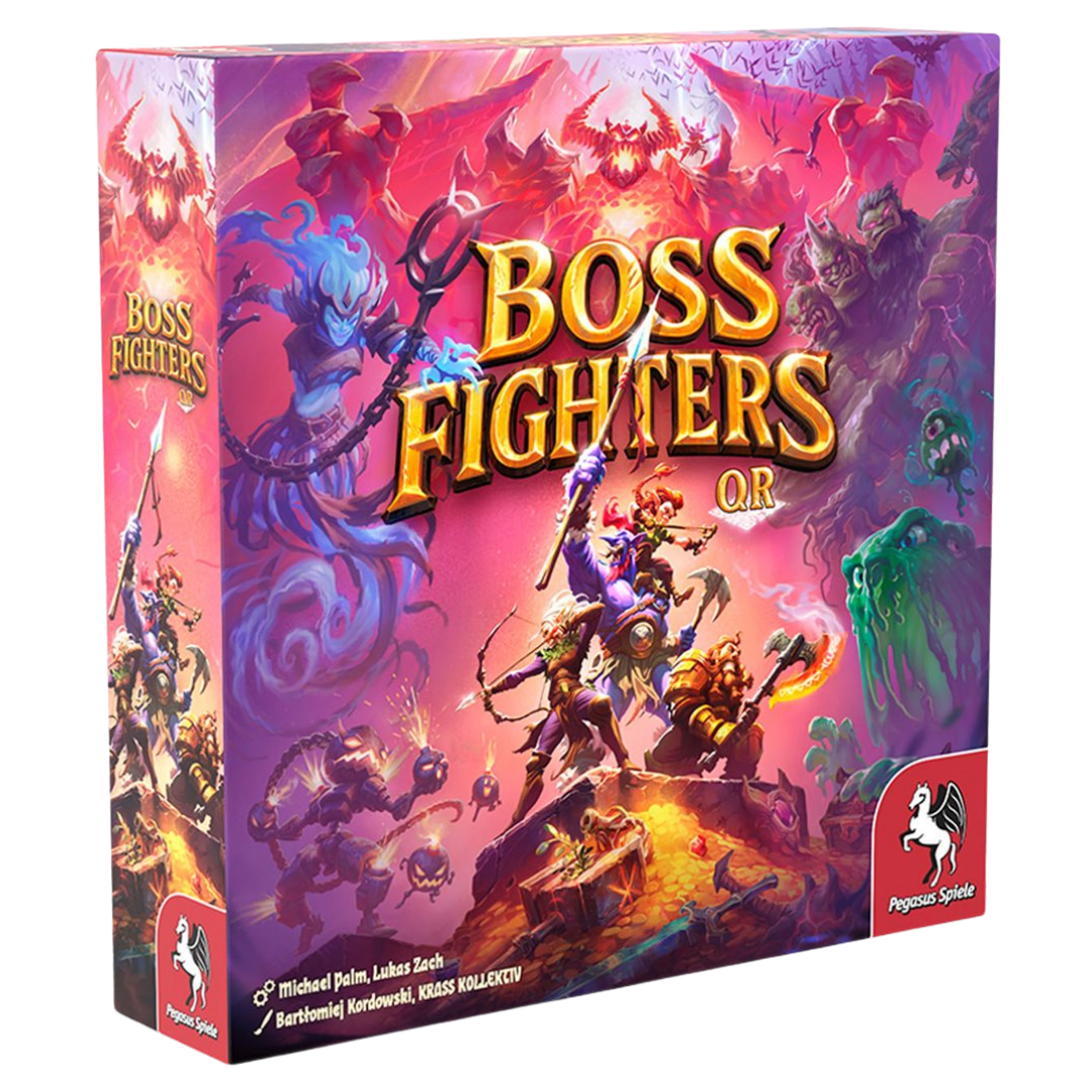 Boss Fighters QR board game box art by Pegasus Spiele with fantasy heroes and boss monsters