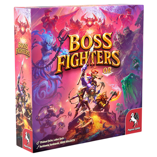 Boss Fighters QR board game box art by Pegasus Spiele with fantasy heroes and boss monsters