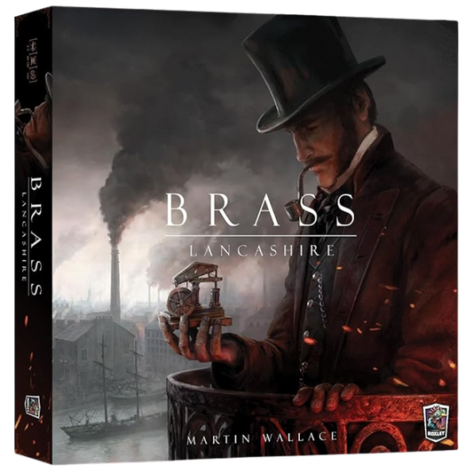 Brass Lancashire board game box art featuring industrial era artwork and smokestacks by Martin Wallace