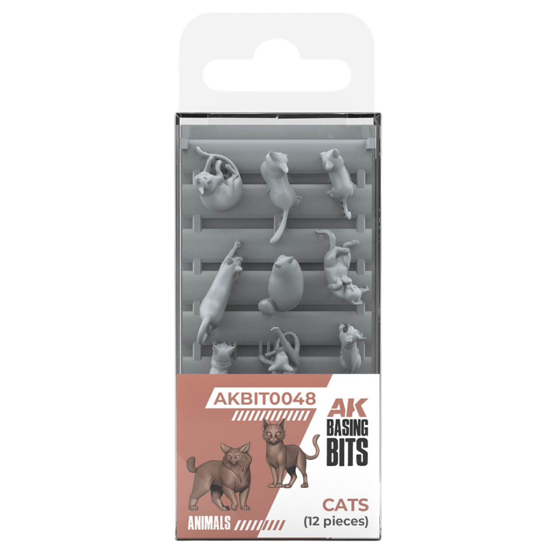 AK Interactive Basing Bits Cats set featuring 12 detailed 3D-printed resin cat miniatures for tabletop basing