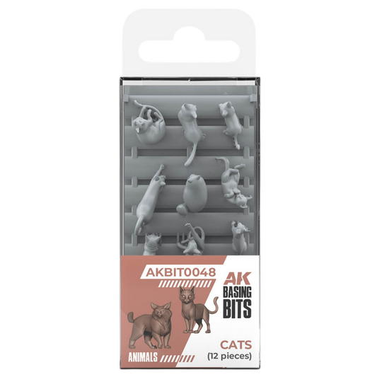 AK Interactive Basing Bits Cats set featuring 12 detailed 3D-printed resin cat miniatures for tabletop basing