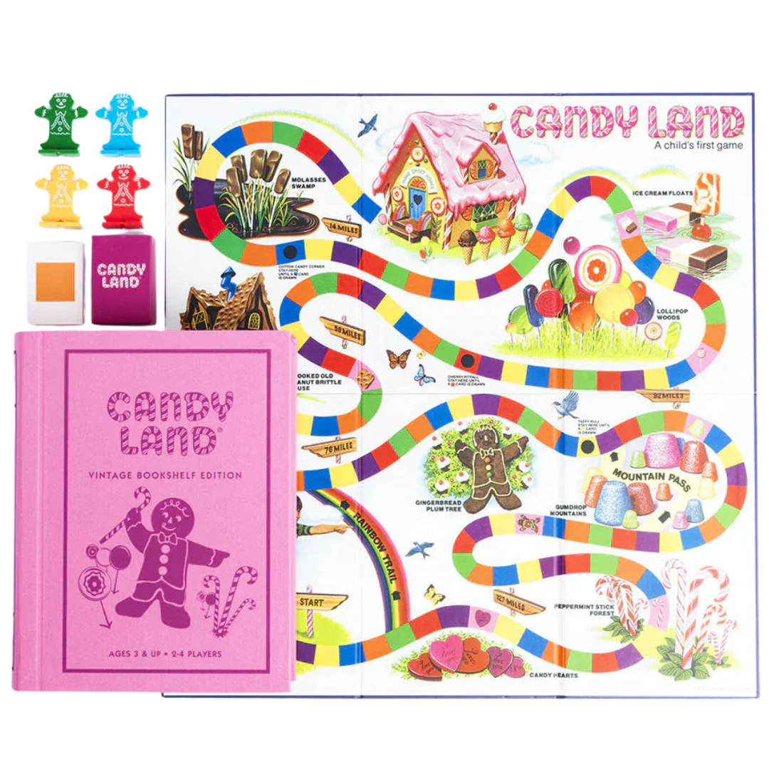 Candy Land Vintage Bookshelf Edition board game in collectible hardcover case contents