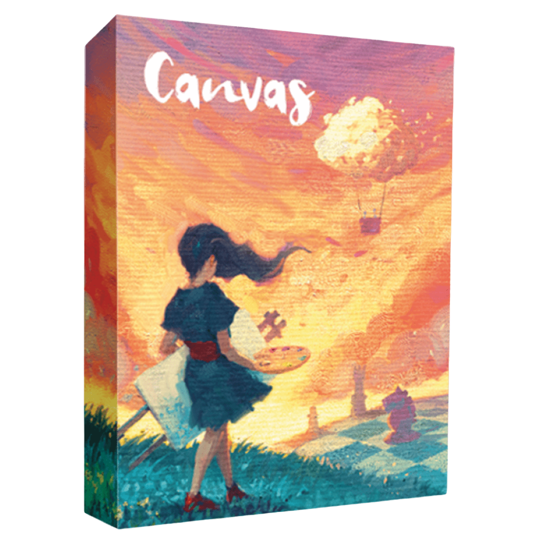 Canvas board game, creative card-layering game where players craft unique paintings using transparent cards to compete in an elegant art competition.