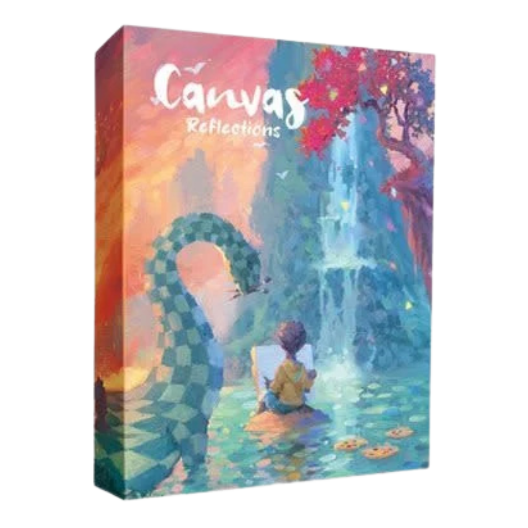 Canvas: Reflections board game expansion, double-sided transparent card add-on with new scoring mechanics for enhanced creativity and strategy in Canvas.
