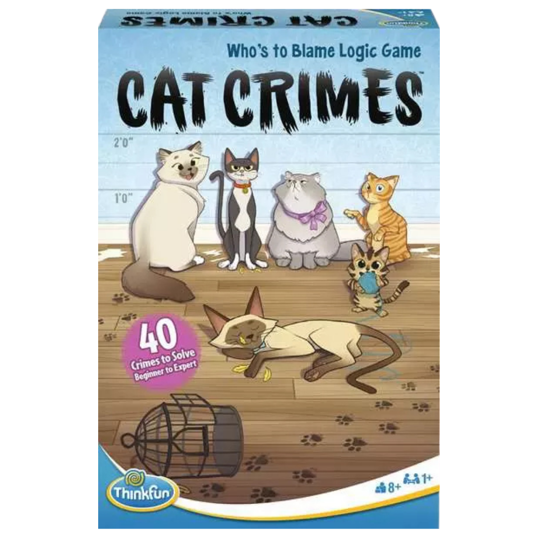 ThinkFun Cat Crimes single-player logic game box featuring six feline suspects.