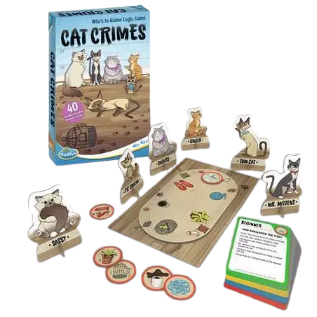 Cat Crimes contents with game board, six cat tokens, crime tokens, and challenge cards.