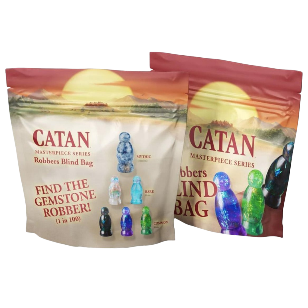 CATAN Masterpiece Series blind-bag resin robber figures in assorted collectible colors and finishes.