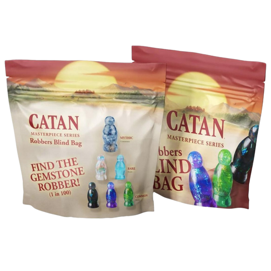 CATAN Masterpiece Series blind-bag resin robber figures in assorted collectible colors and finishes.