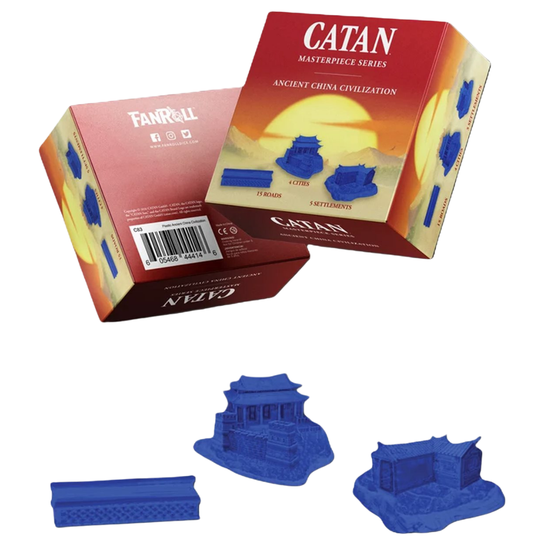 Blue CATAN Ancient China civilization set with sculpted settlements, cities, and roads.
