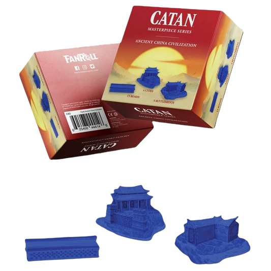 Blue CATAN Ancient China civilization set with sculpted settlements, cities, and roads.