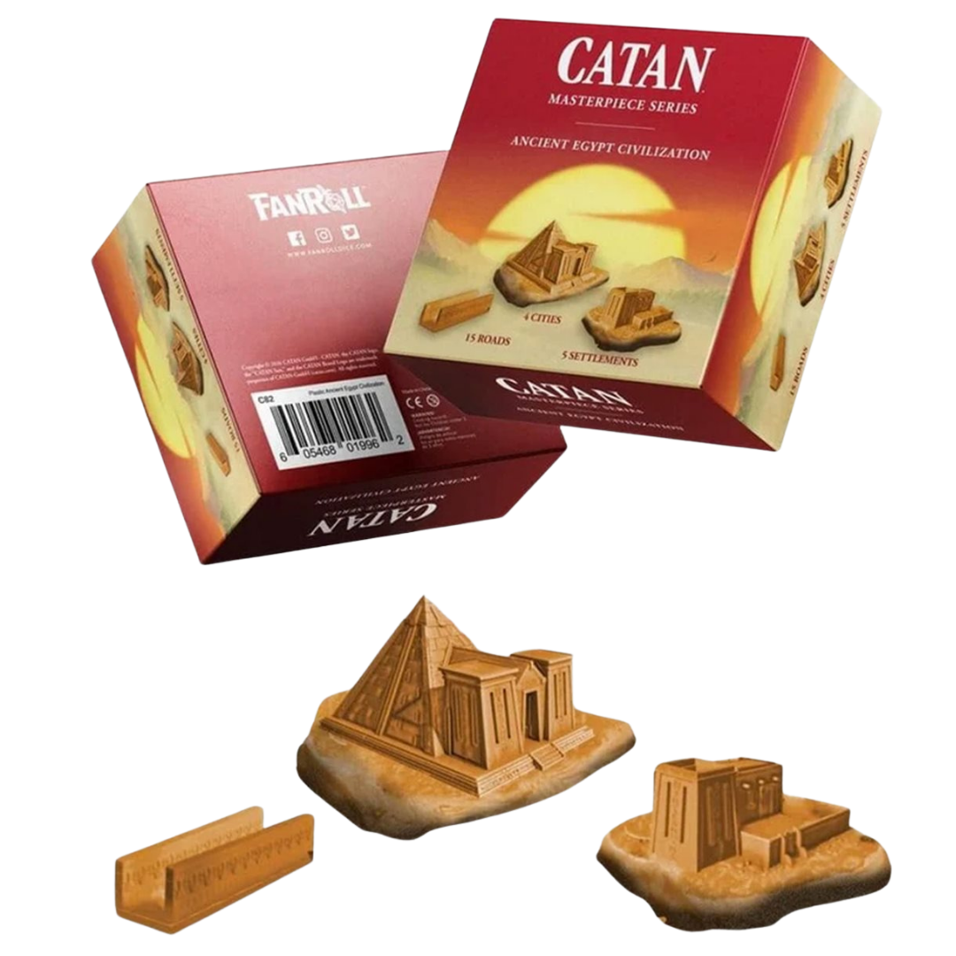 Orange CATAN Ancient Egypt civilization set with sculpted settlements, cities, and roads.