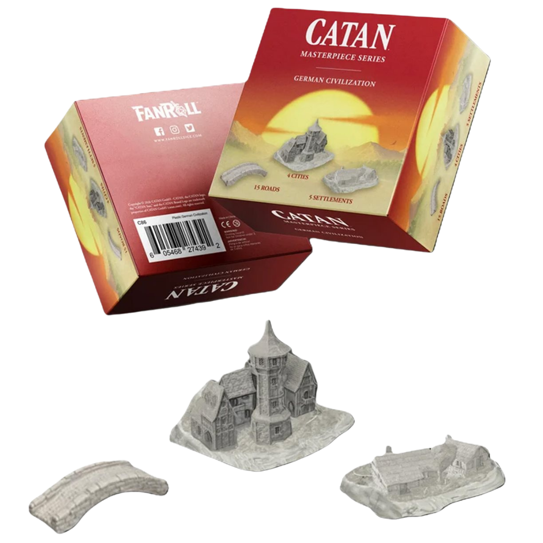 CATAN German civilization set with sculpted plastic settlements, cities, and roads.
