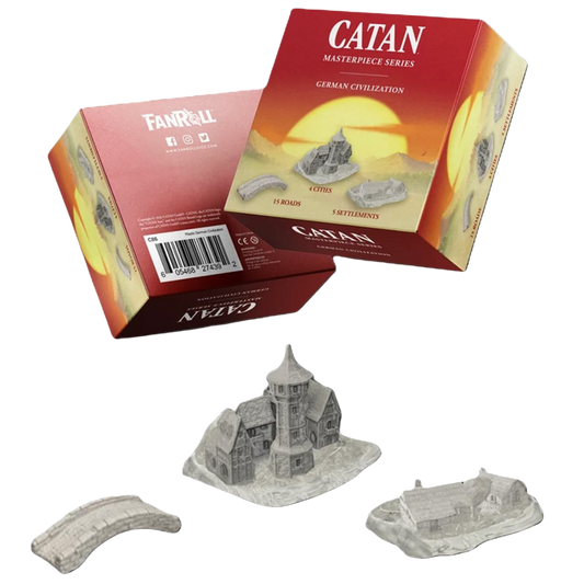 CATAN German civilization set with sculpted plastic settlements, cities, and roads.