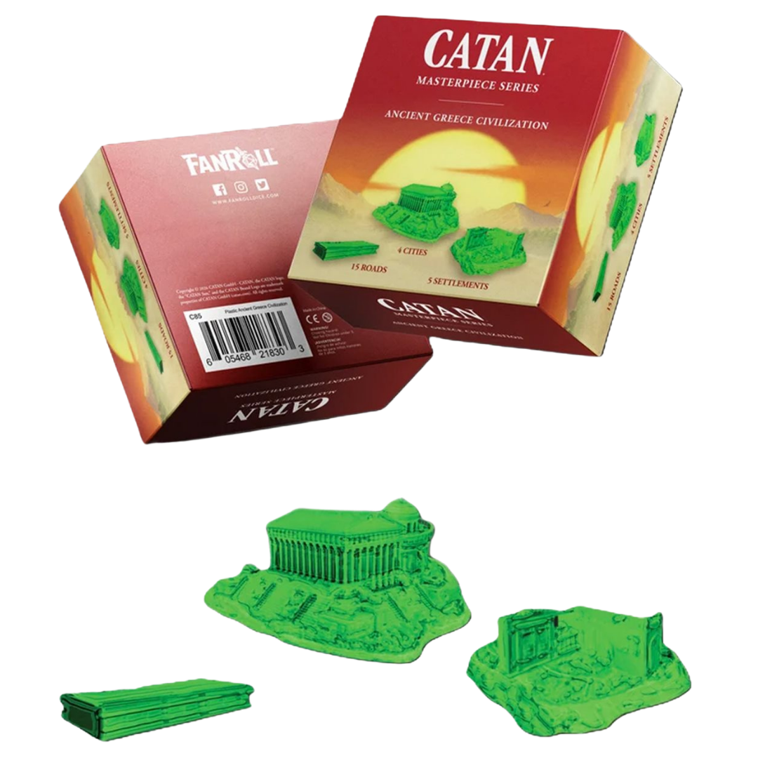 Green CATAN Ancient Greece civilization set with sculpted settlements, cities, and roads.