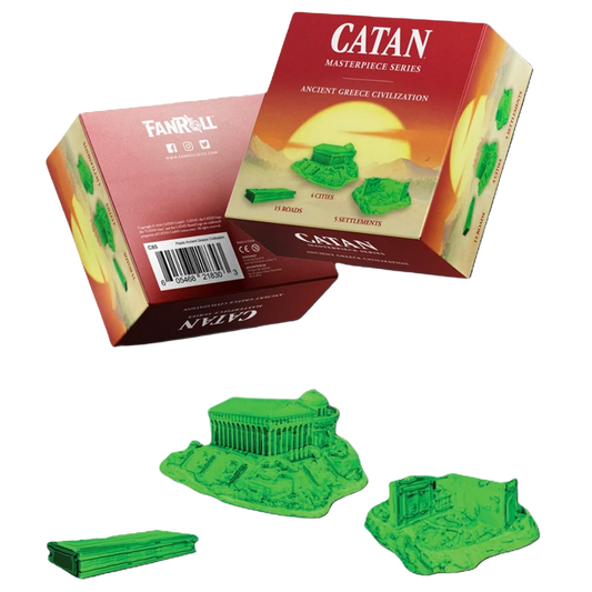 Green CATAN Ancient Greece civilization set with sculpted settlements, cities, and roads.