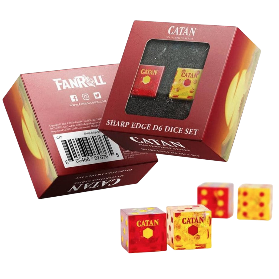 CATAN sharp-edge D6 dice set with translucent red resin and yellow sparkle inclusions.
