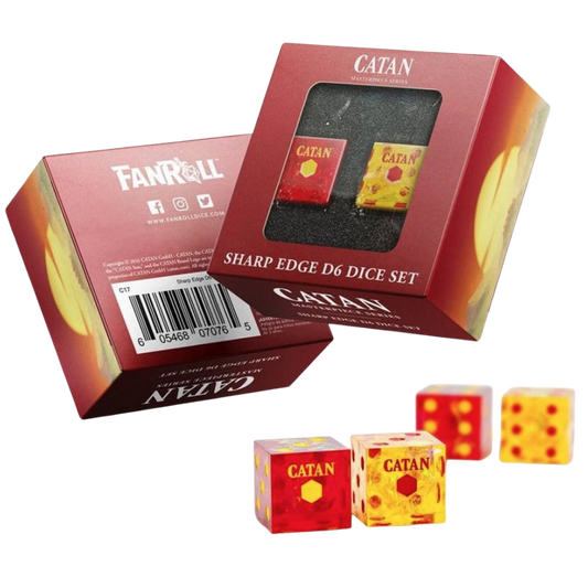 CATAN sharp-edge D6 dice set with translucent red resin and yellow sparkle inclusions.