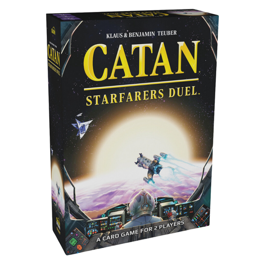 CATAN: Starfarers Duel board game box featuring space exploration and starship adventure for two players, with vibrant galaxy artwork and a sleek design.