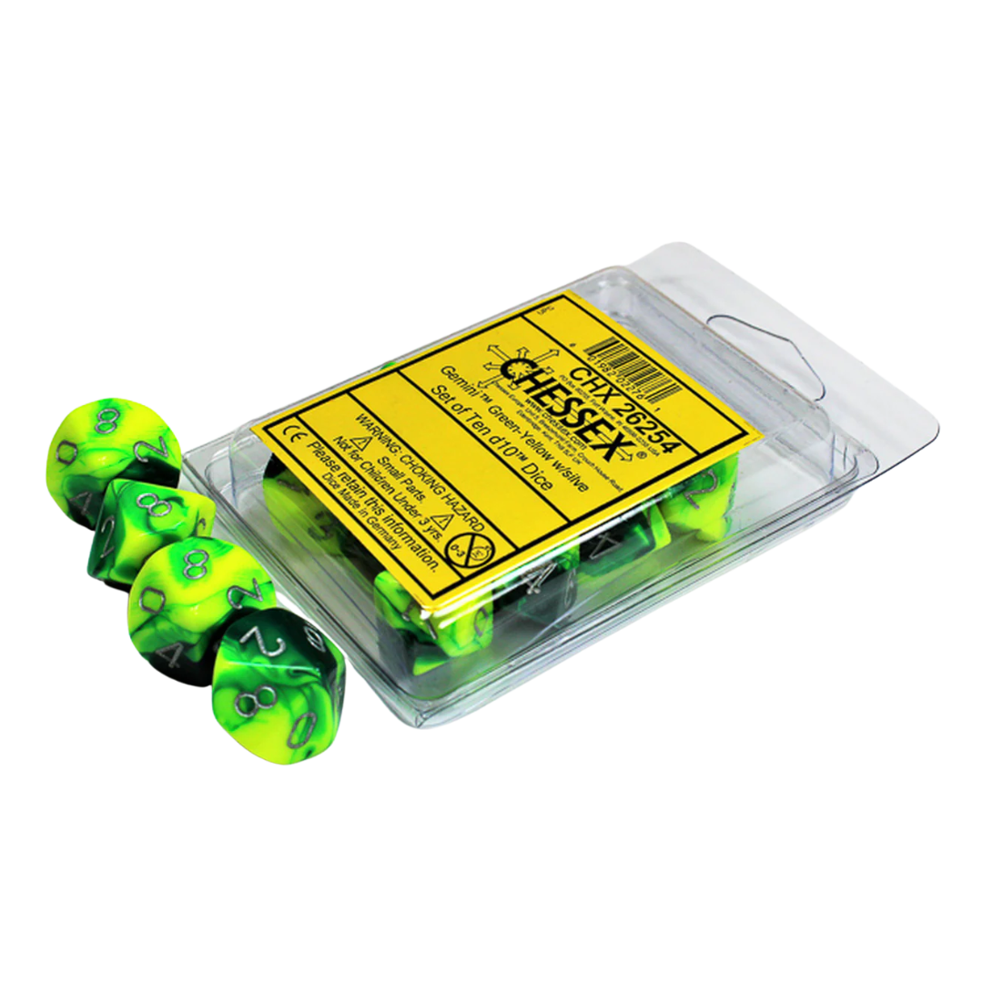 Chessex Gemini Green-Yellow/Silver 10D10 dice set with vibrant green and yellow swirls, silver pips