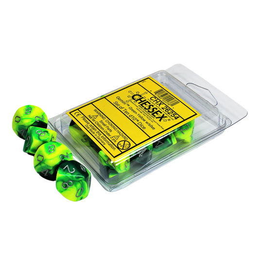 Chessex Gemini Green-Yellow/Silver 10D10 dice set with vibrant green and yellow swirls, silver pips