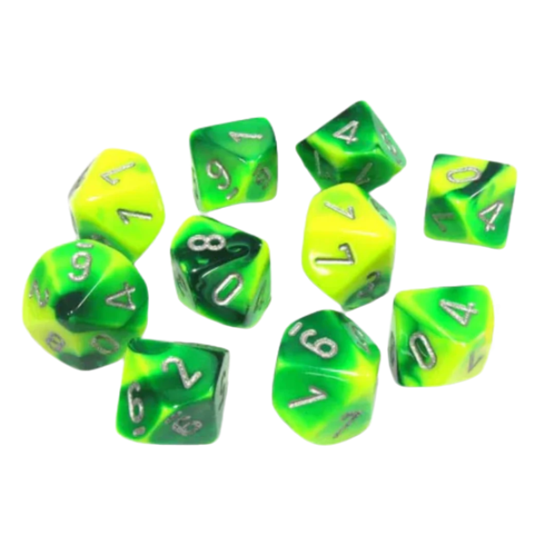 Chessex Gemini Green-Yellow/Silver 10D10 dice set with vibrant green and yellow swirls, silver pips
