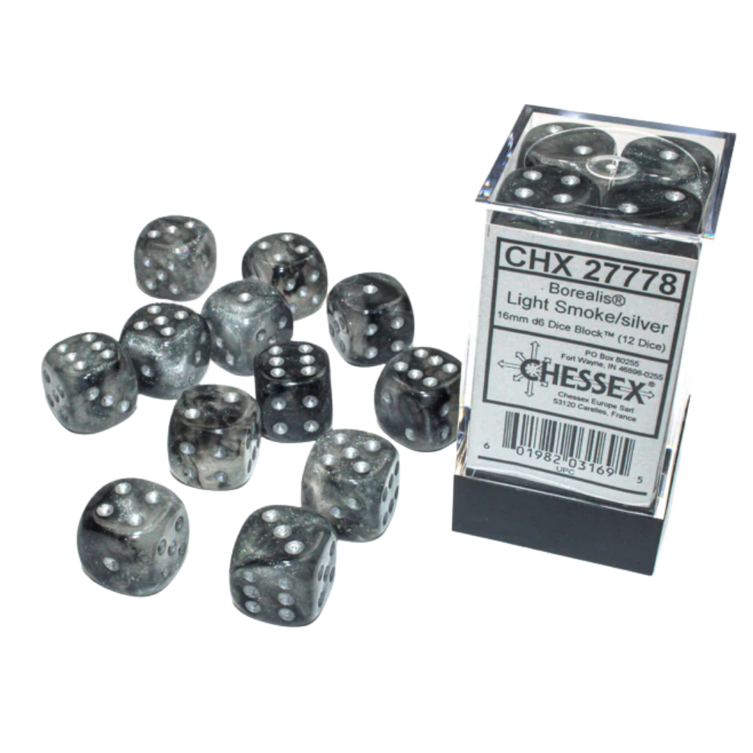 Chessex - 12D6 - Borealis - Light Smoke/Silver Pips