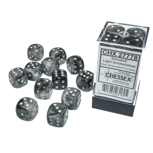 Chessex - 12D6 - Borealis - Light Smoke/Silver Pips
