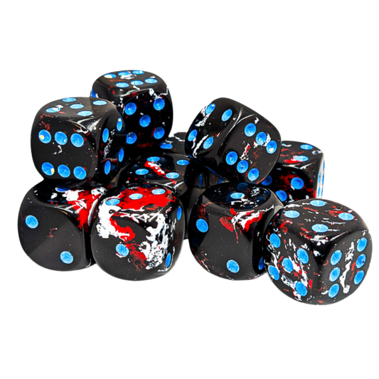 Chessex 12D6 Brush Dark Side dice set with blue pips for tabletop RPG and wargaming use