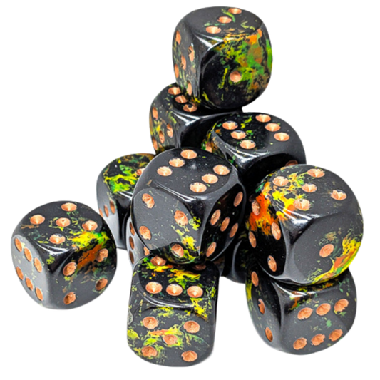 Chessex 12D6 Brush Deep Forest dice set with gold pips for tabletop RPG and wargaming use
