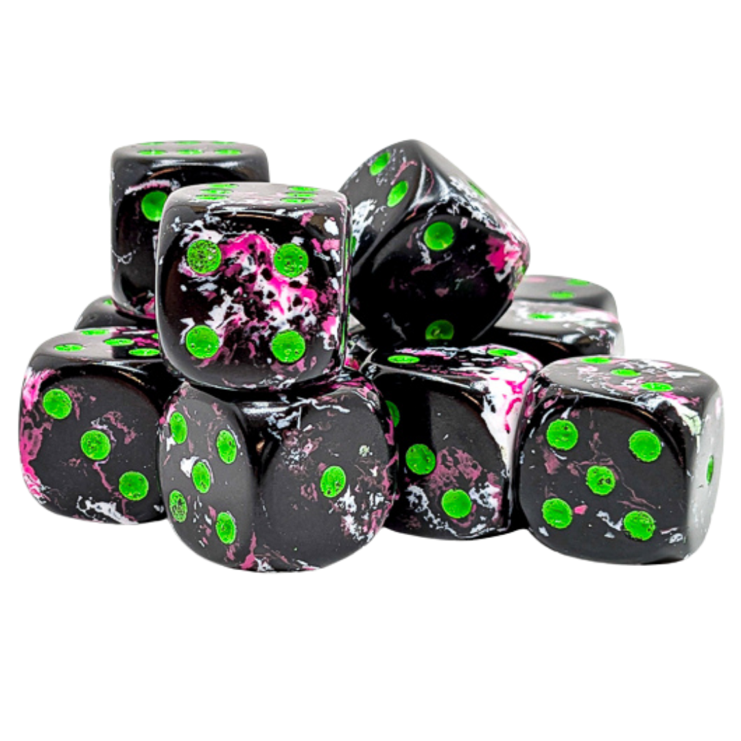 Chessex 12D6 Brush Paintball dice set with green pips for tabletop RPG and wargame use