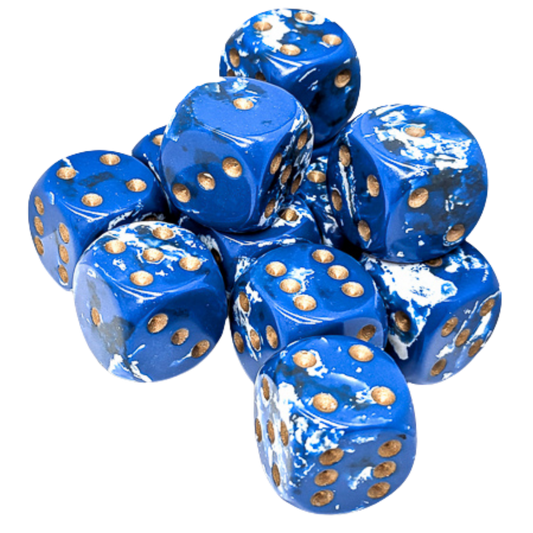 Chessex 12D6 Brush Wavebreak dice set with gold pips for tabletop RPG and wargaming use
