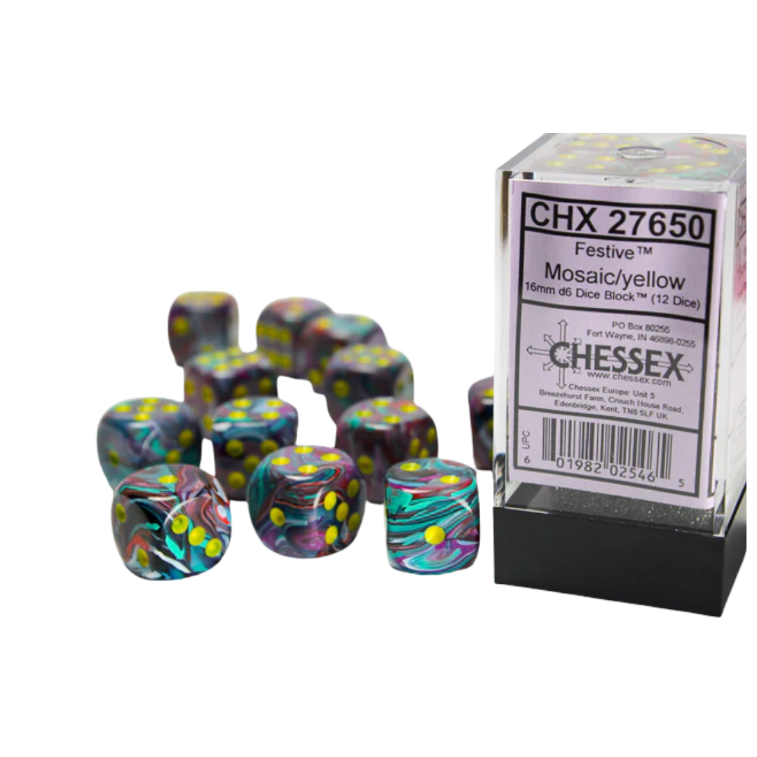 Chessex - 12D6 - Festive - Mosaic/Yellow Pips
