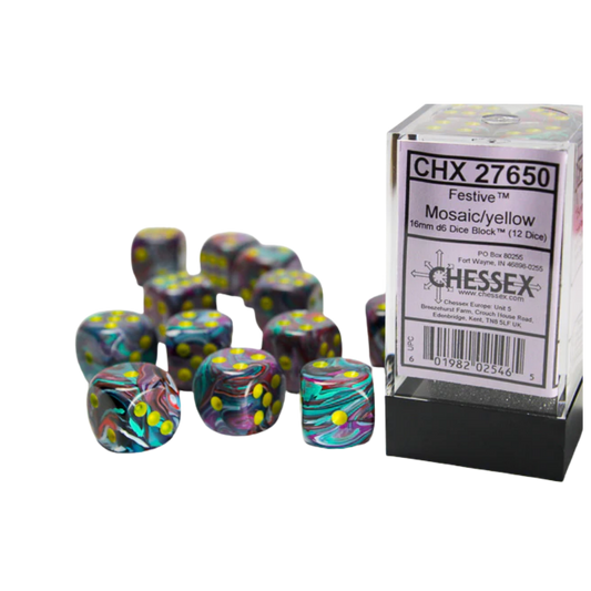 Chessex - 12D6 - Festive - Mosaic/Yellow Pips