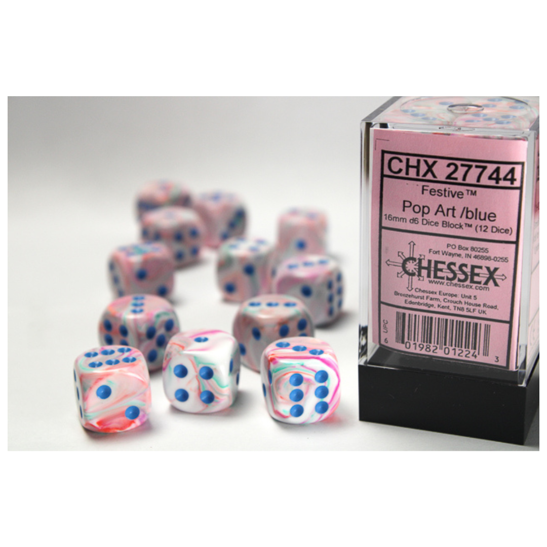 Chessex Festive 12D6 Dice Set – Pop-Art design with blue pips, featuring twelve colorful 16mm six-sided dice.