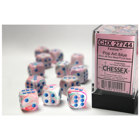 Chessex Festive 12D6 Dice Set – Pop-Art design with blue pips, featuring twelve colorful 16mm six-sided dice.