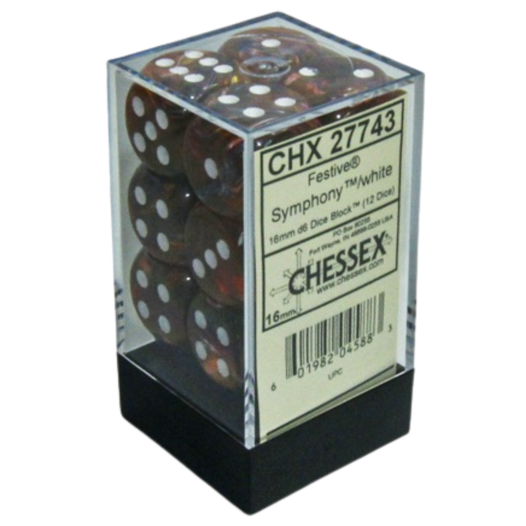 Chessex 12D6 Festive Symphony/White Pips dice set, vibrant six-sided dice with Symphony design and white pips for tabletop RPGs and collectors.







