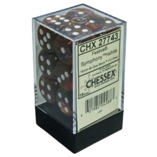 Chessex 12D6 Festive Symphony/White Pips dice set, vibrant six-sided dice with Symphony design and white pips for tabletop RPGs and collectors.







