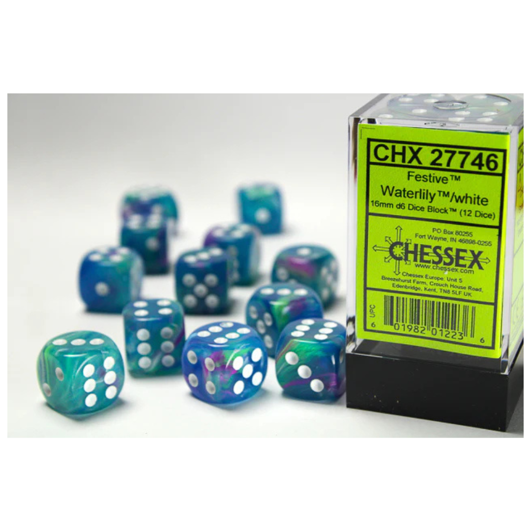 Chessex Festive 12D6 Waterlily Dice Set – Swirled pastel 16mm dice with white pips in display case