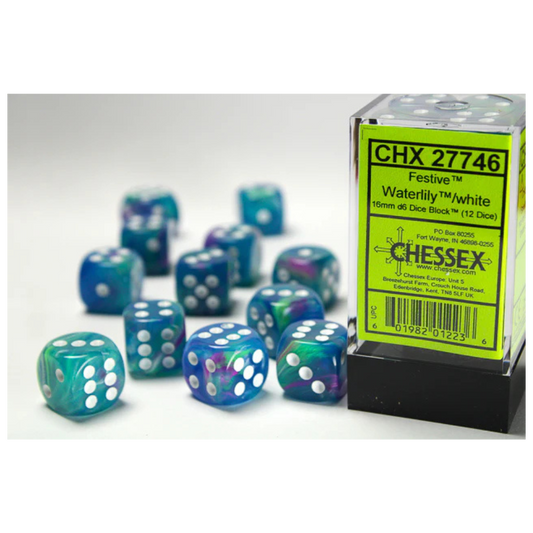 Chessex Festive 12D6 Waterlily Dice Set – Swirled pastel 16mm dice with white pips in display case