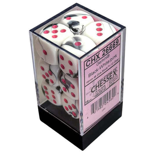 Chessex 12D6 Gemini Black-White/Pink Pips dice set, durable six-sided dice with black-and-white design and pink pips for tabletop RPGs and collectors.







