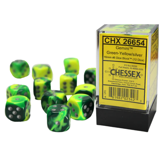 Chessex - 12D6 - Gemini - Green-Yellow/Silver Pips