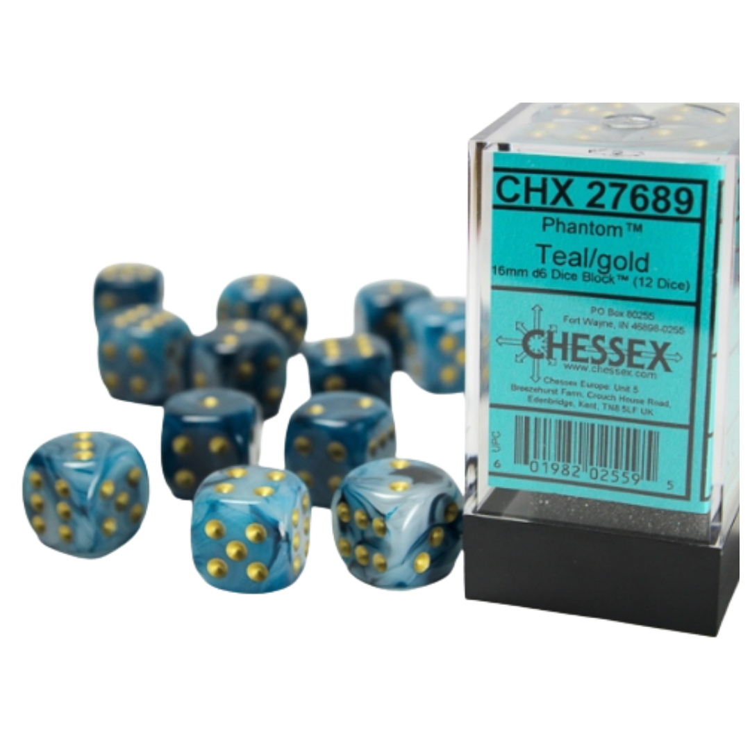 Chessex - 12D6 - Phantom - Teal/Gold Pips