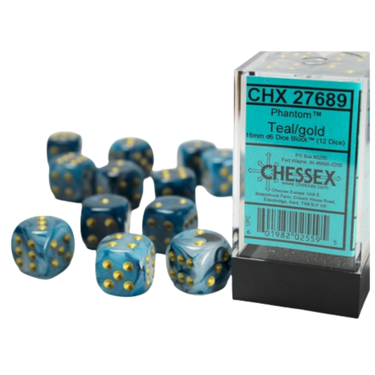 Chessex - 12D6 - Phantom - Teal/Gold Pips