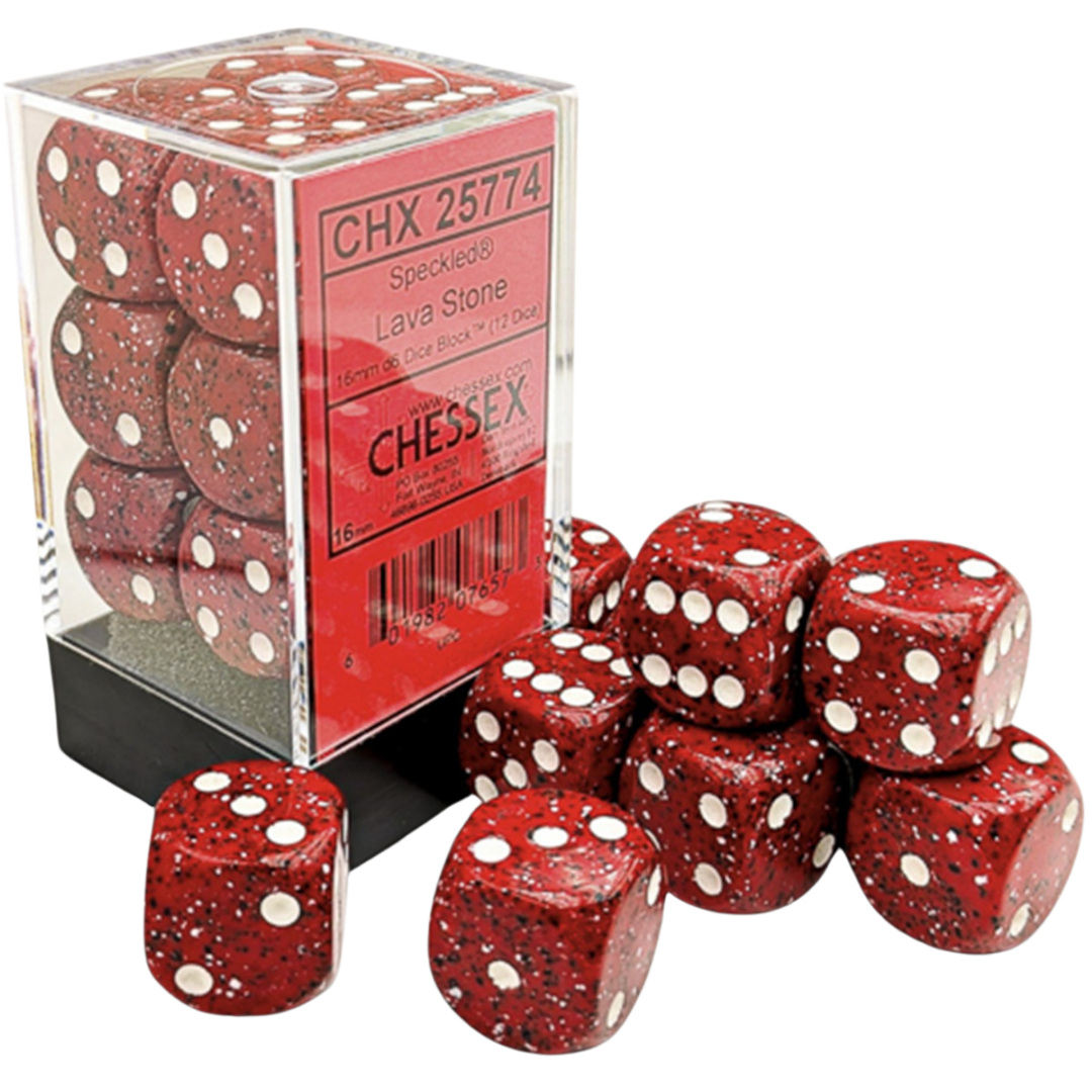 Chessex 12D6 Speckled Lava Stone six-sided dice with white pips for tabletop RPGs, board games, and wargaming