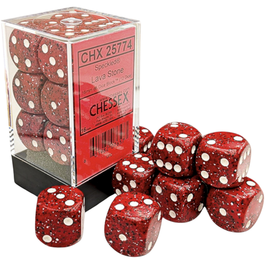 Chessex 12D6 Speckled Lava Stone six-sided dice with white pips for tabletop RPGs, board games, and wargaming