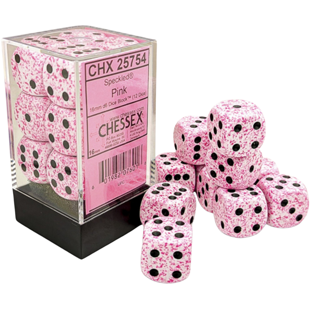 Chessex 12D6 Speckled Pink six-sided dice with black pips for tabletop RPGs, board games, and wargaming