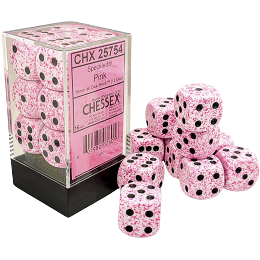 Chessex 12D6 Speckled Pink six-sided dice with black pips for tabletop RPGs, board games, and wargaming