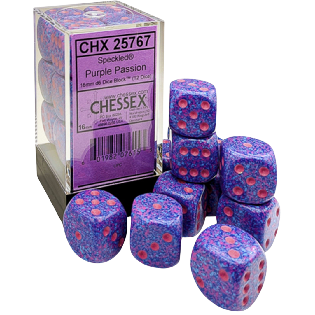 Chessex 12D6 Speckled Purple Passion six-sided dice with pink pips for tabletop RPGs, board games, and wargaming
