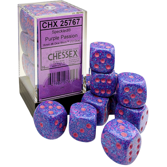 Chessex 12D6 Speckled Purple Passion six-sided dice with pink pips for tabletop RPGs, board games, and wargaming